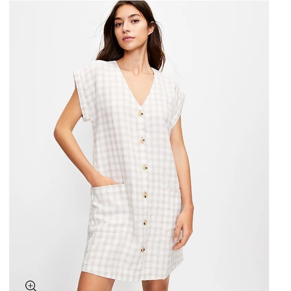 Lou & Grey gingham linen pockets shirt dress size XS beige + ivory